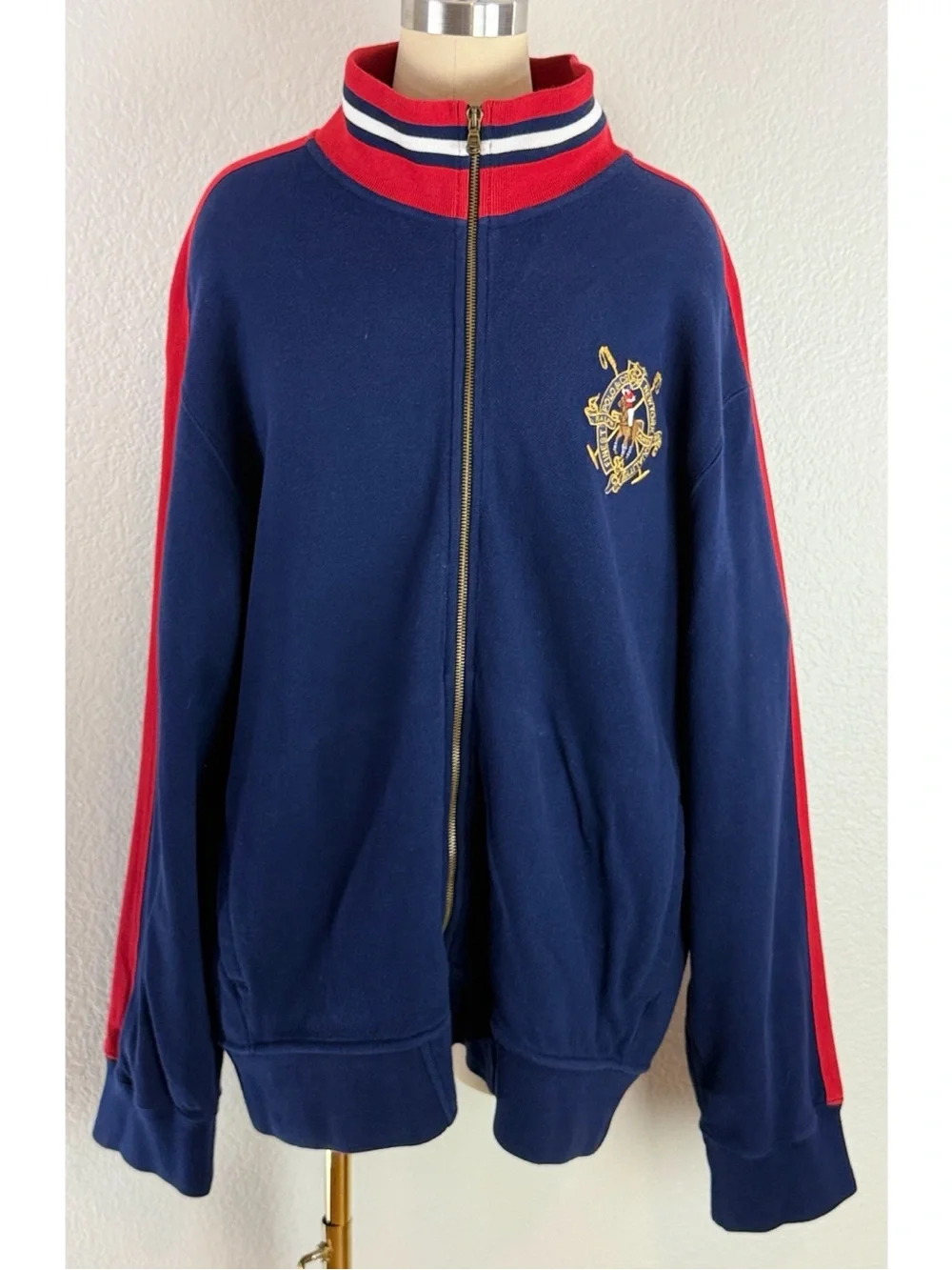 Polo Ralph Lauren Vintage Men's Bomber Sweater Jacket w/ Gold Crest Blue/Red, XL